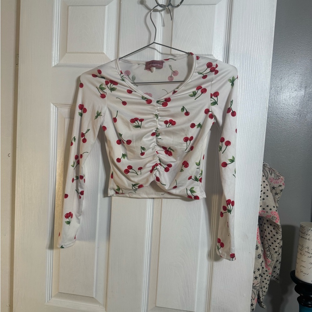 Cherry Print White Long Sleeve Top